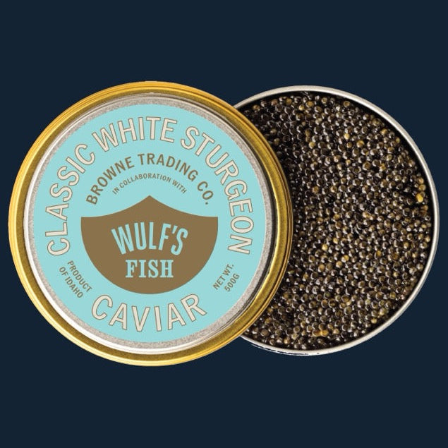 Classic white caviar against a navy blue background