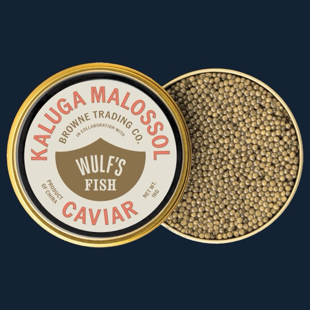 Kalga Malossol Caviar against a navy blue background