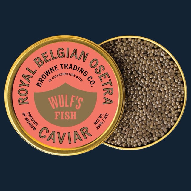 Royal Belgian Osetra Caviar against a navy blue background