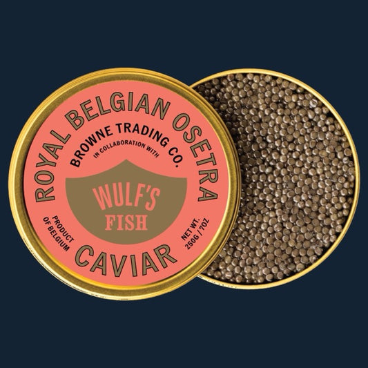 Royal Belgian Osetra Caviar against a navy blue background